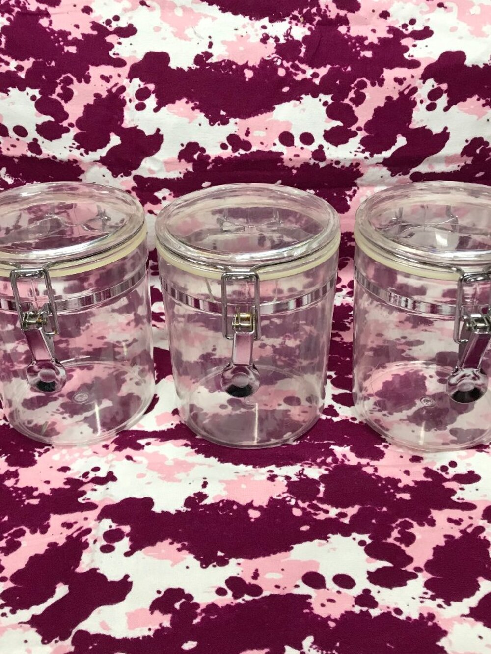 Clear Plastic Storage Canisters w/Metal Clamp Lids Set of 3